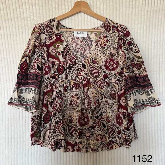 ba&sh Zarry Ecru Top Burgundy Multi Size 2 XS 100% Viscose - Picture 1 of 11